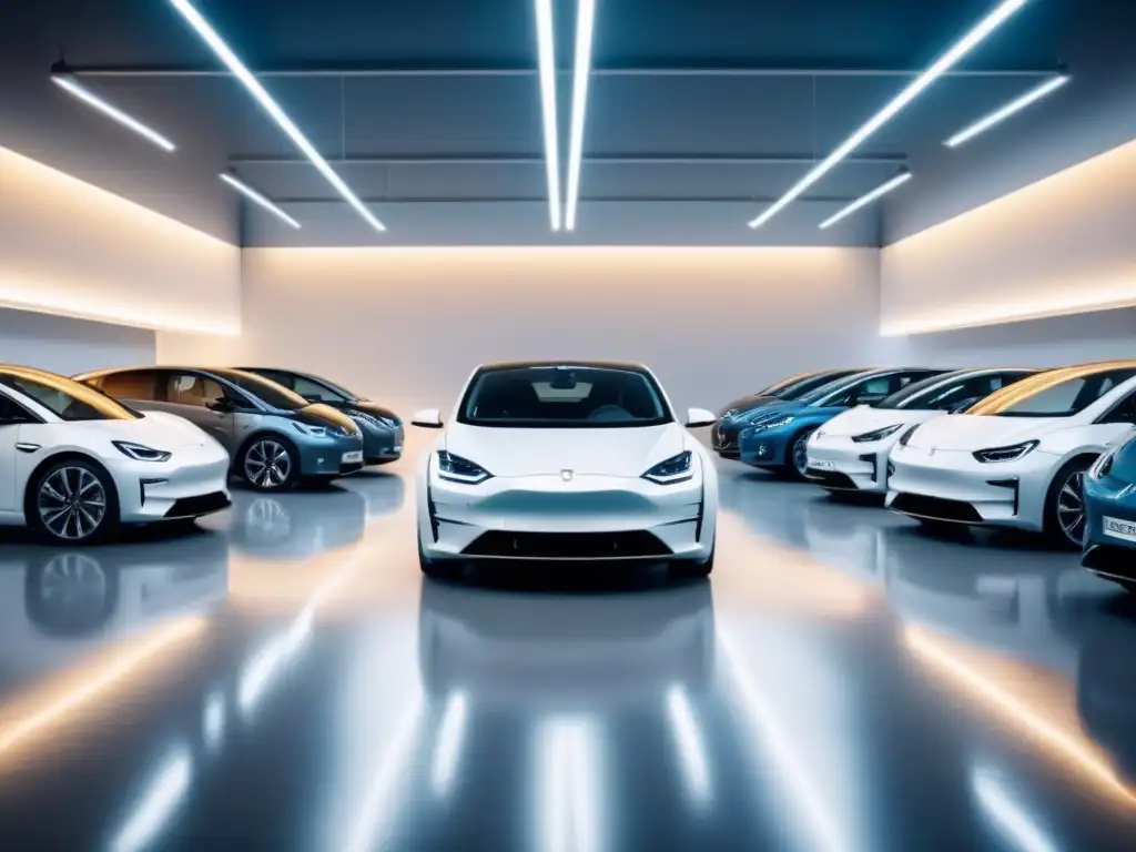 Un elegante showroom de coches eléctricos de alta gama con diseño moderno, iluminación ambiental y suelo de concreto pulido