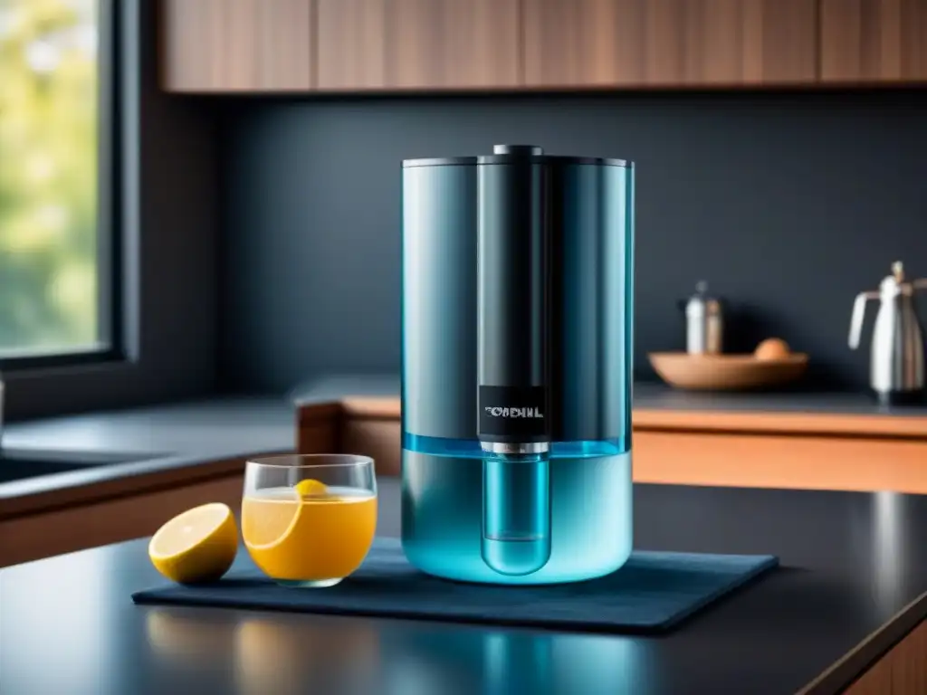 Filtro de agua integrado: diseño ecofriendly en cocina moderna Un elegante sistema de filtración de agua sostenible integrado en una cocina moderna y minimalista, con agua purificada fluyendo suavemente