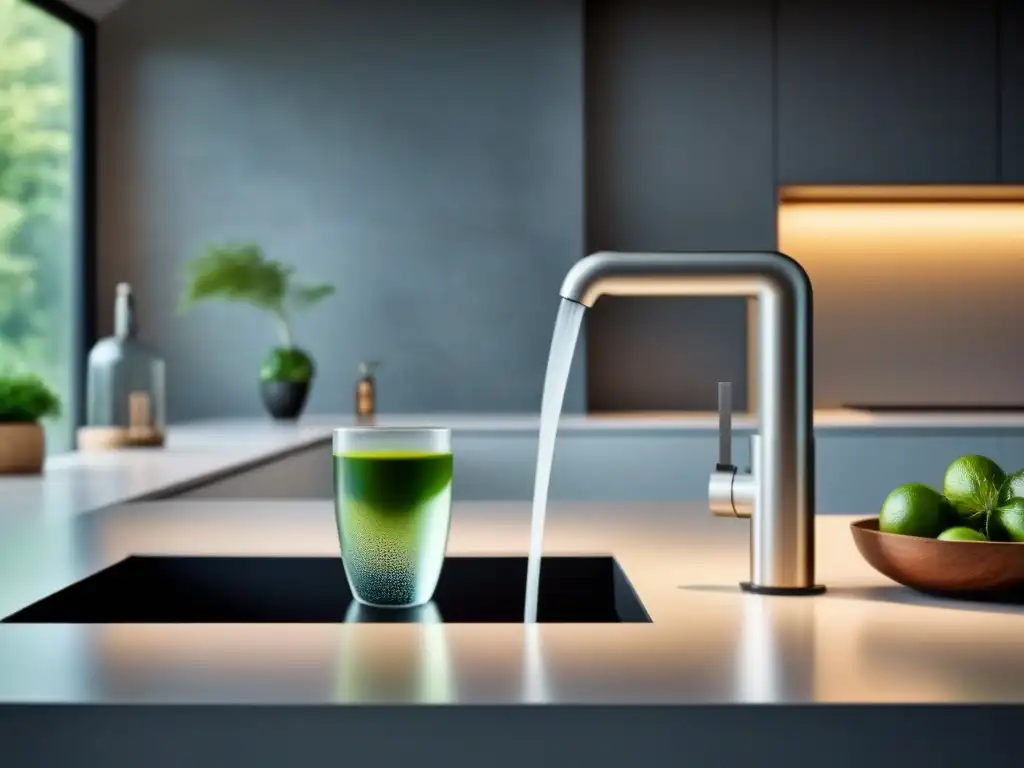 Filtro de agua moderno y sostenible para tu cocina Un elegante sistema de filtración de agua sostenible integrado en una encimera de cocina moderna, con detalles transparentes y toques verdes sutiles