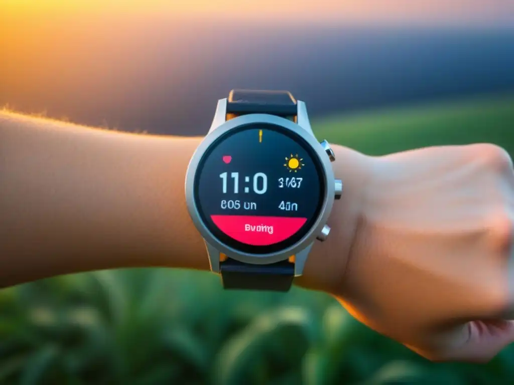 Un elegante smartwatch solar con diseño minimalista, correa negra delgada, caja plateada y pantalla digital vibrante mostrando estadísticas ecológicas