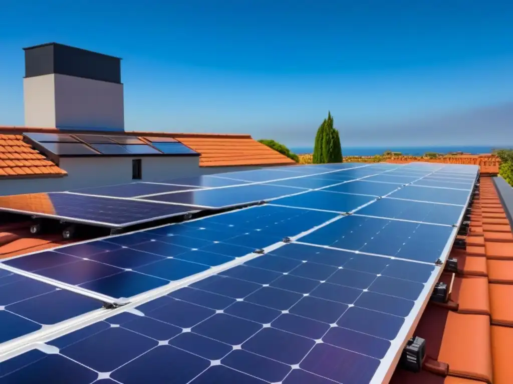 Un elegante techo solar sostenible integrado en una casa moderna, con paneles negros y un cielo azul brillante de fondo