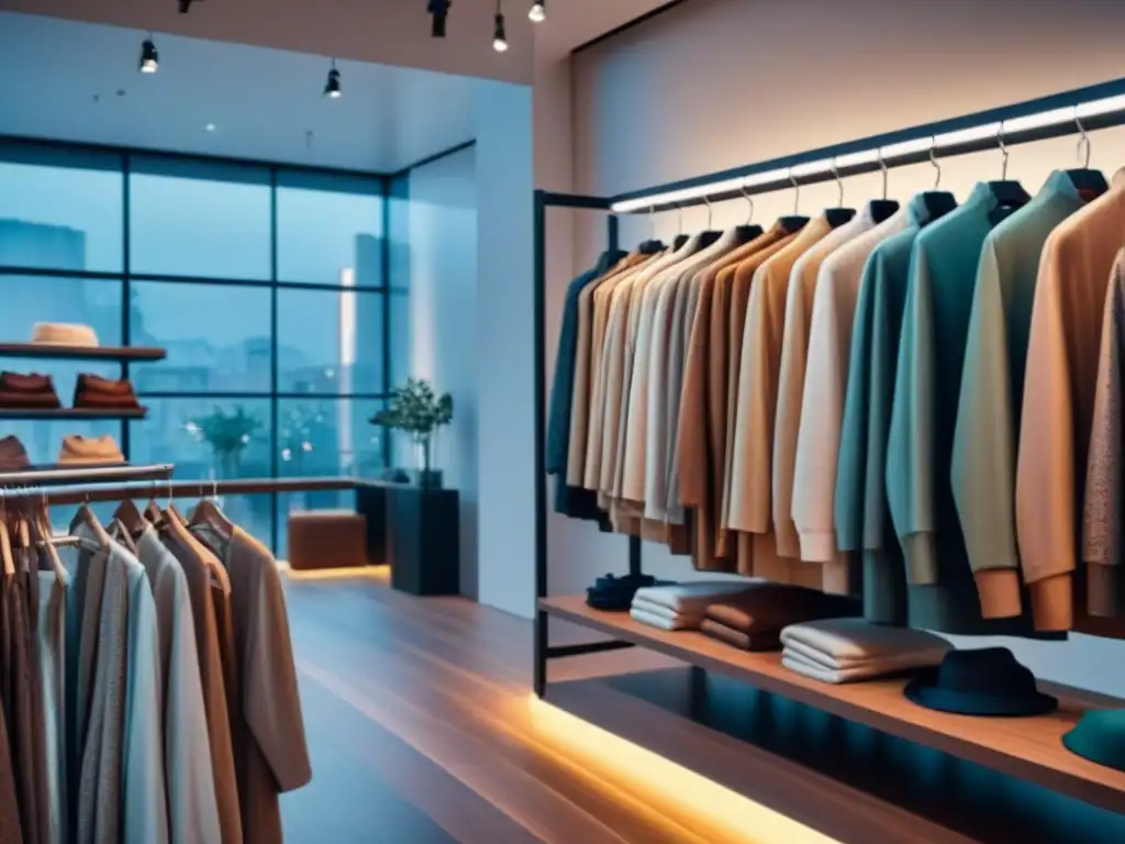 Elegante tienda de ropa sostenible y ética en tonos suaves, iluminación natural y ambiente sofisticado