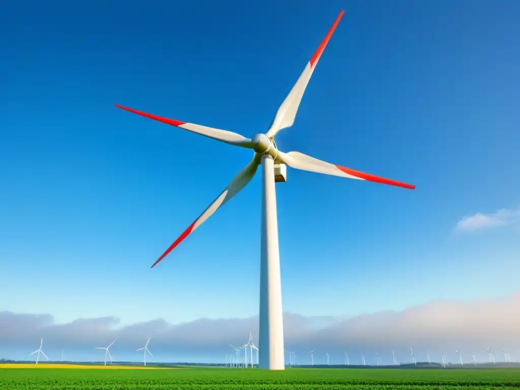 Una elegante turbina eólica moderna en un cielo azul claro, rodeada de campos verdes exuberantes