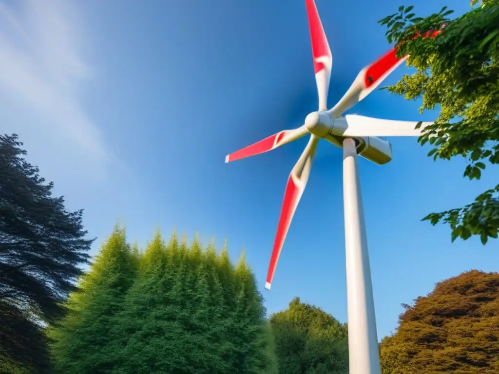 Una elegante turbina eólica residencial en un jardín, tamaño adecuado turbina eólica hogar