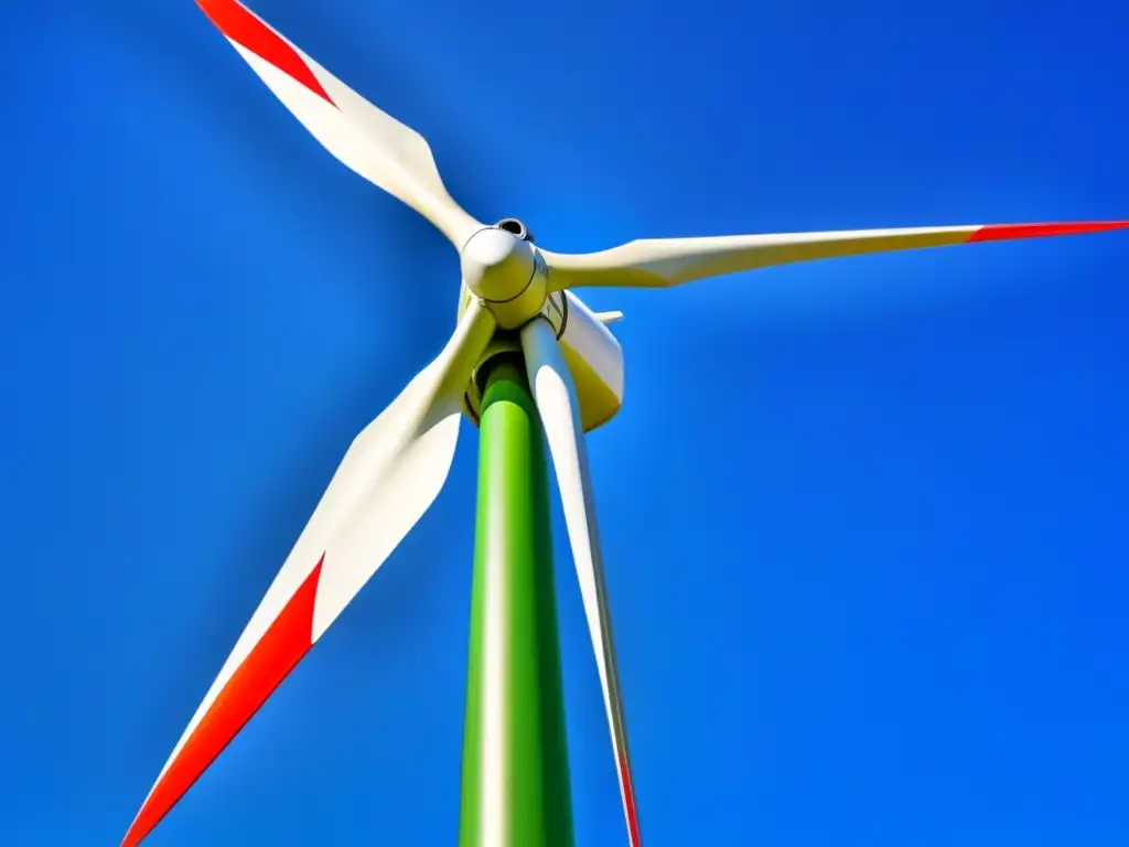 Una elegante turbina eólica verde girando contra el cielo azul, representando la eficiencia de la tecnología verde