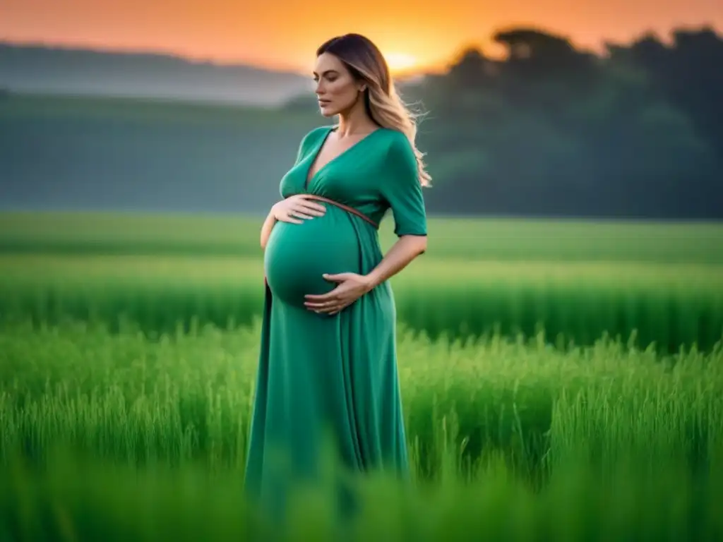 Embarazada en campo verde con vestido sostenible