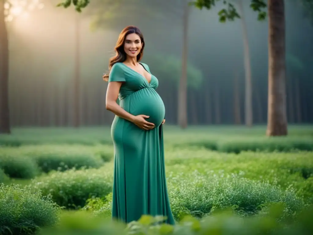 Embarazada en campo verde con vestido sostenible, simbolizando la maternidad y la moda eco