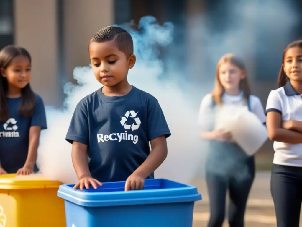 Emotiva escena de educación en reciclaje en escuelas, niños participando con entusiasmo en iniciativa, beneficios claros