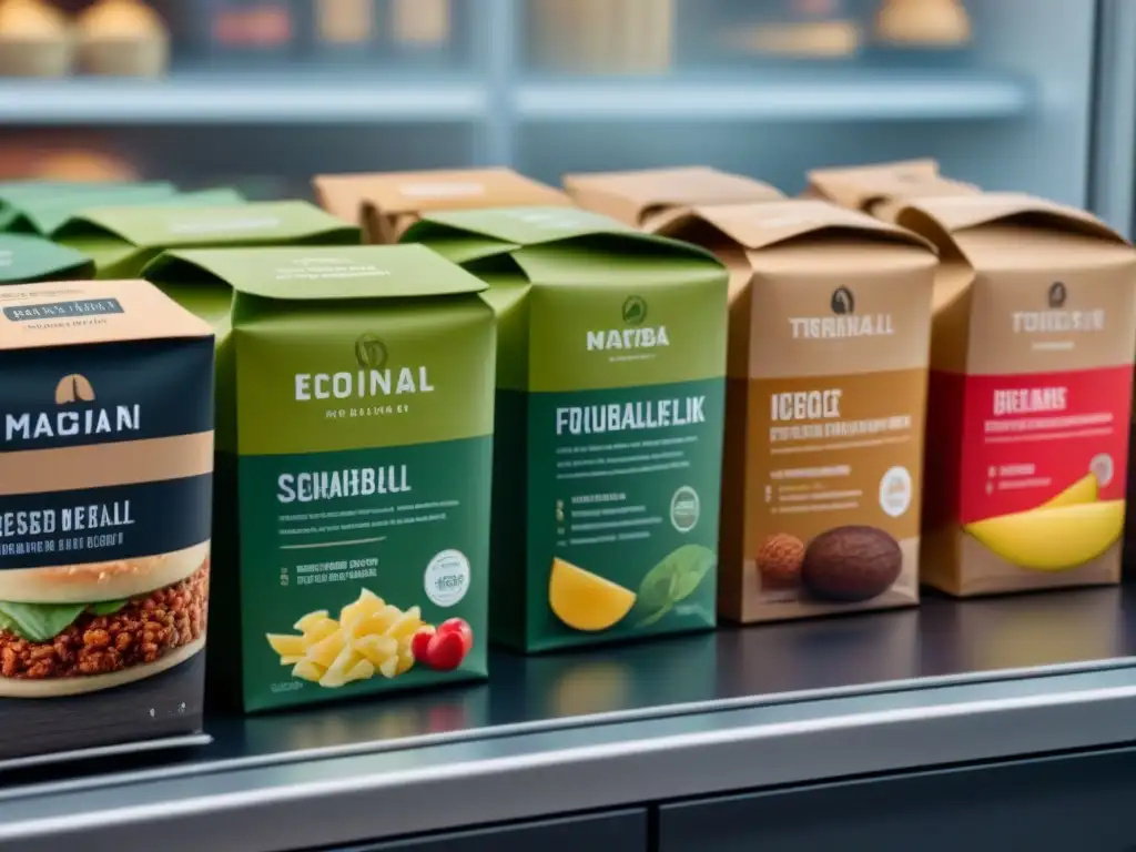 Diversos empaques ecológicos de alimentos sostenibles en un elegante display moderno