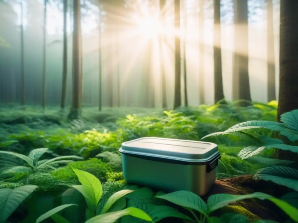 Empaques ecológicos en un bosque verde con luz solar filtrándose, integrados en armonía con la naturaleza para una alimentación sostenible