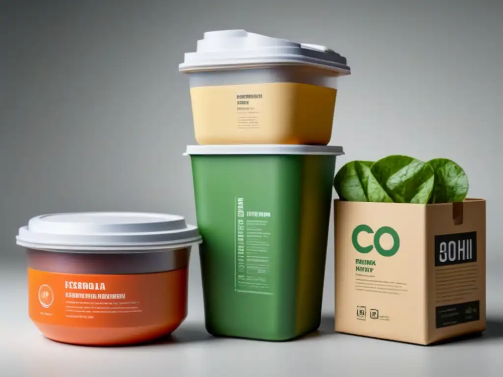 Empaques ecológicos para alimentación sostenible: contenedores biodegradables, envolturas compostables y materiales reciclables en ilustración detallada y minimalista