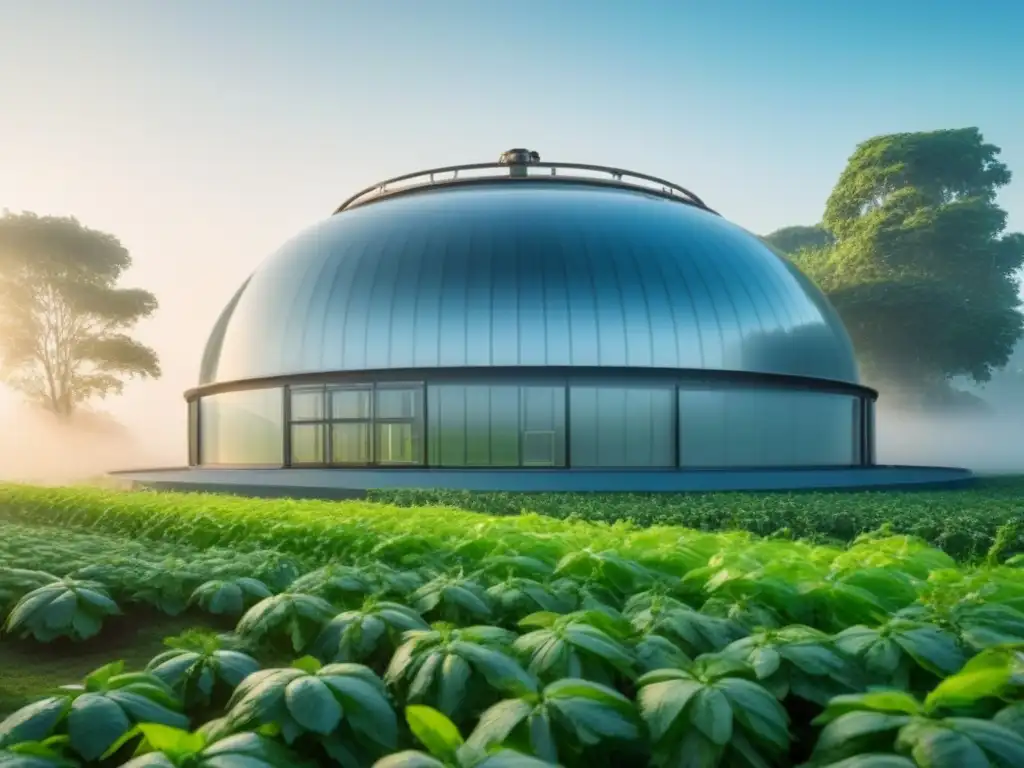 Empresa biogás residuos orgánicos: Planta futurista de biogás rodeada de naturaleza, convirtiendo residuos en energía