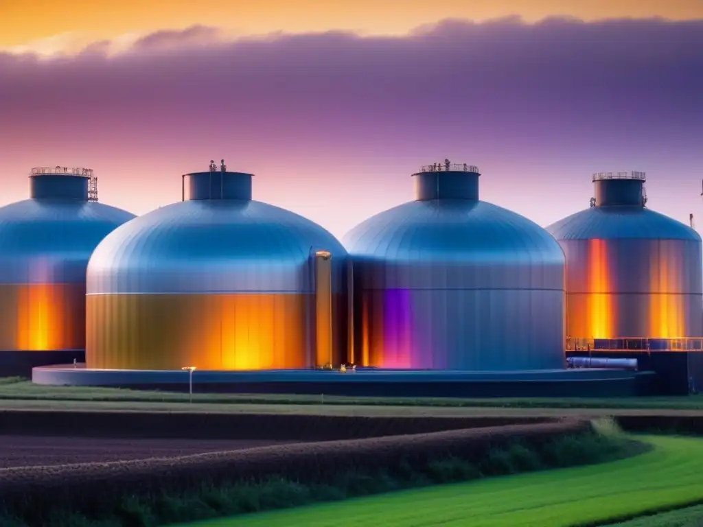 Empresa biogás residuos orgánicos: Instalación moderna de biogás al atardecer, tanques cilíndricos brillando bajo cielo dorado