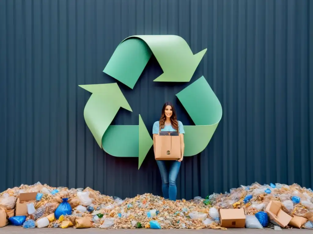 Empresario sostenible frente a símbolo reciclaje, cero residuos en negocios