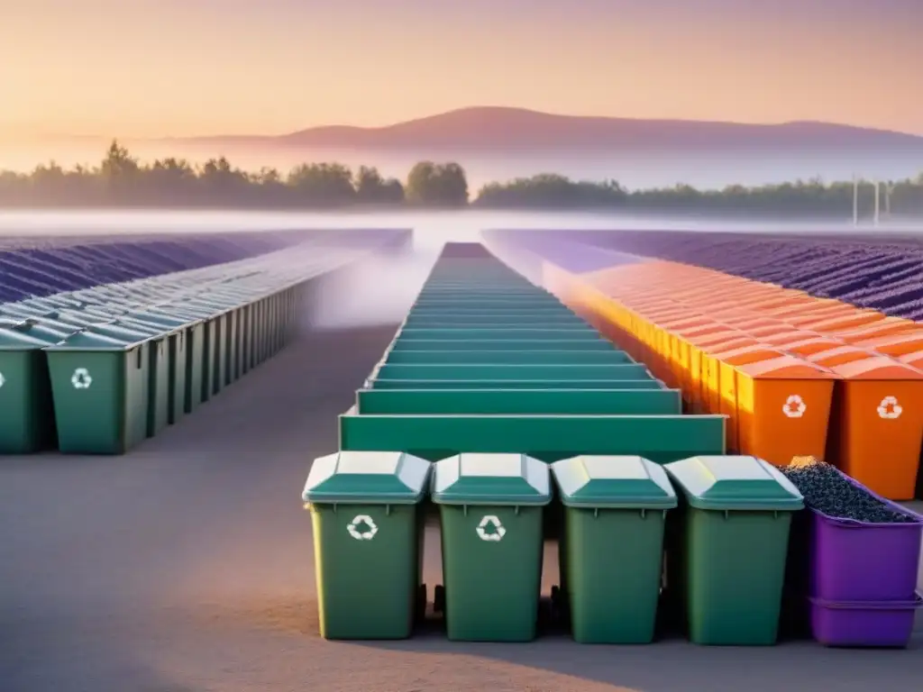 Empresas sostenibles y residuos cero: Planta de reciclaje moderna al atardecer, con contenedores ordenados bajo suave luz dorada