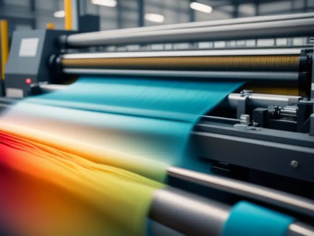 Empresas sostenibles reciclan textiles: Máquina transformando hilos en nueva tela con diseño innovador