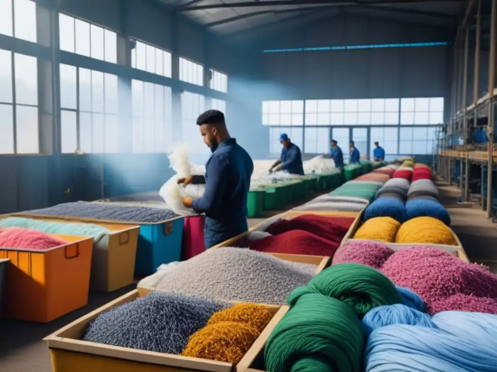 Empresas sostenibles reciclan textiles: Planta moderna transforma telas viejas en productos nuevos, con trabajadores ordenando telas coloridas