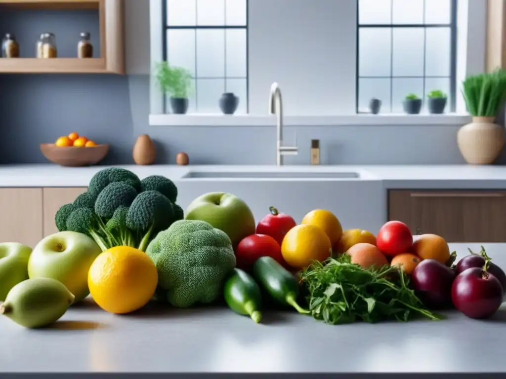 Encantadora cocina blanca con frutas y verduras frescas en patrón simétrico