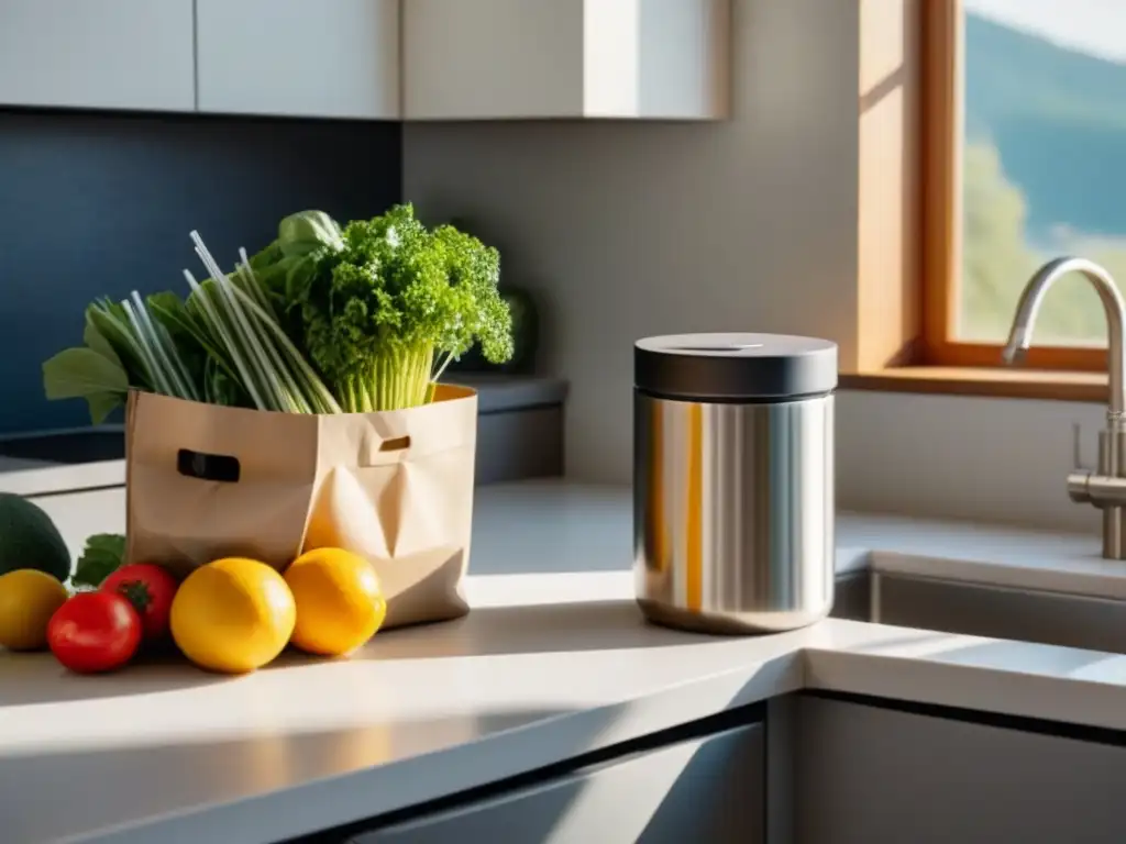 Encantadora cocina minimalista con artículos sostenibles resaltando el estilo de vida zero waste