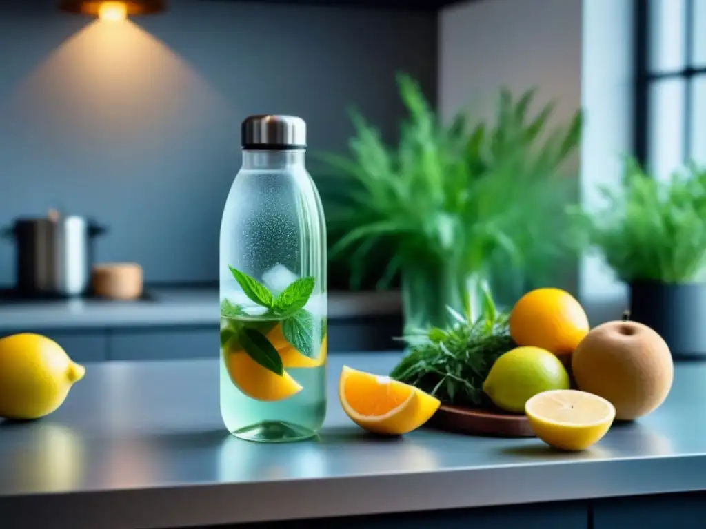 Encantadora cocina minimalista con botella de agua y frutas frescas, ideal para bebidas ecológicas opciones saludables