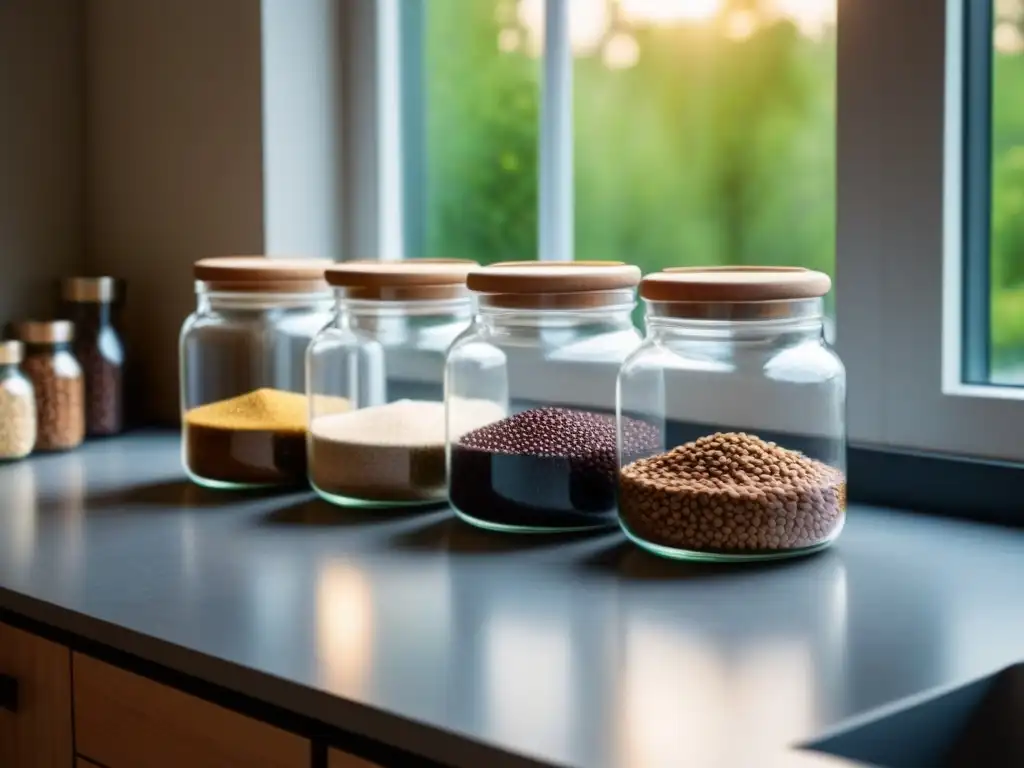 Encantadora cocina minimalista con frascos de granos y semillas organizados, iluminados por la luz natural