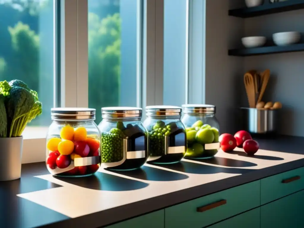 Encantadora cocina minimalista con frutas y verduras organizadas en frascos de vidrio