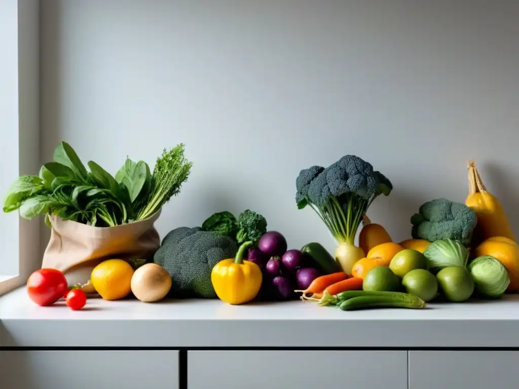 Una encantadora cocina minimalista con ingredientes frescos y coloridos organizados de forma sostenible en envases reutilizables y bolsas de tela