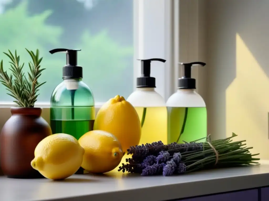 Encantadora cocina eco con productos limpieza casera en envases reutilizables junto a limones y lavanda