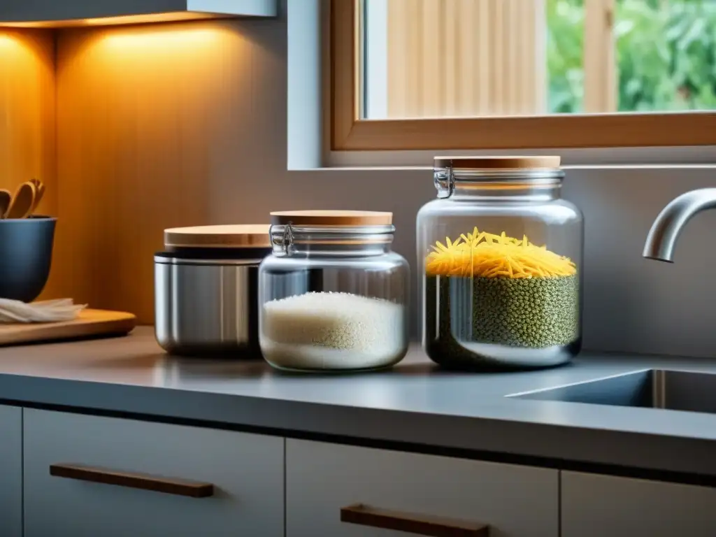 Encantadora cocina zero waste con tarros de vidrio recargables y utensilios de bambú, iluminada por luz natural