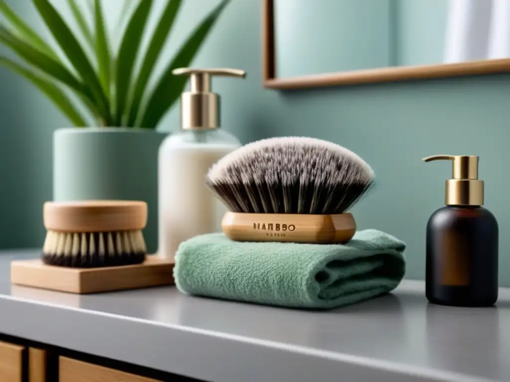 Baño minimalista con accesorios eco-lujosos y zero waste Una encantadora vista de accesorios de belleza sostenible zero waste en un baño minimalista