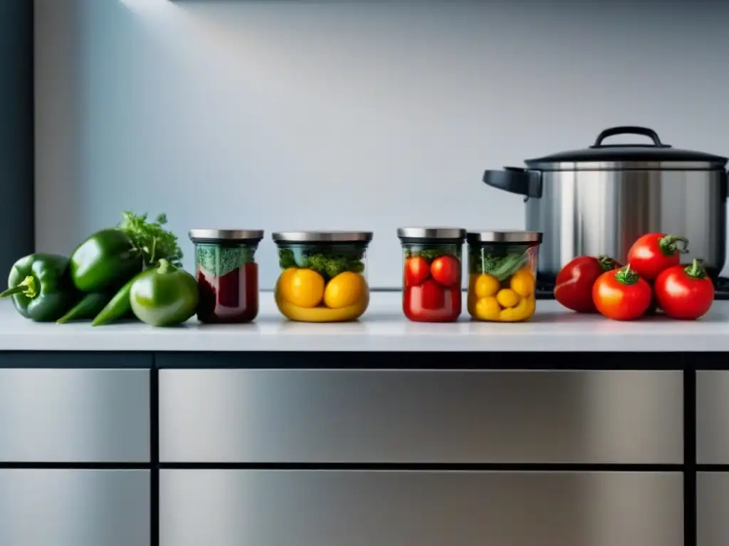 Una encimera de cocina blanca impecable con contenedores de acero inoxidable reutilizables llenos de alimentos orgánicos coloridos