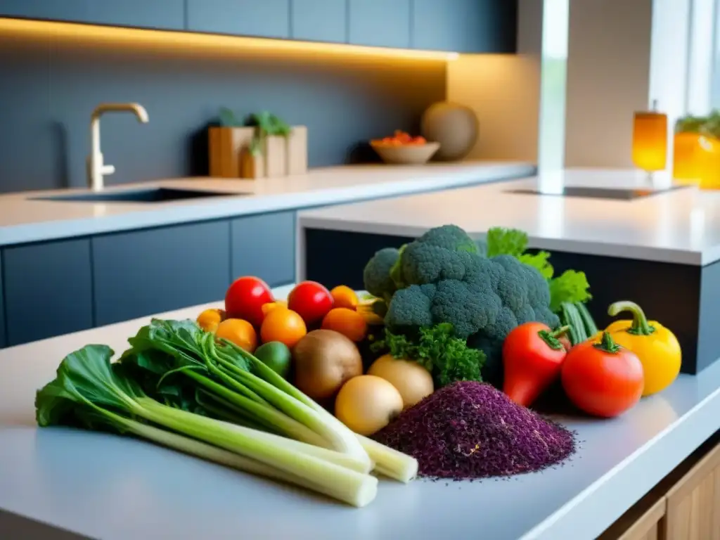 Una encimera de cocina minimalista con restos de verduras coloridas organizadas en contenedores separados de compostaje, mostrando el concepto de cocina zero waste y sostenibilidad alimentaria