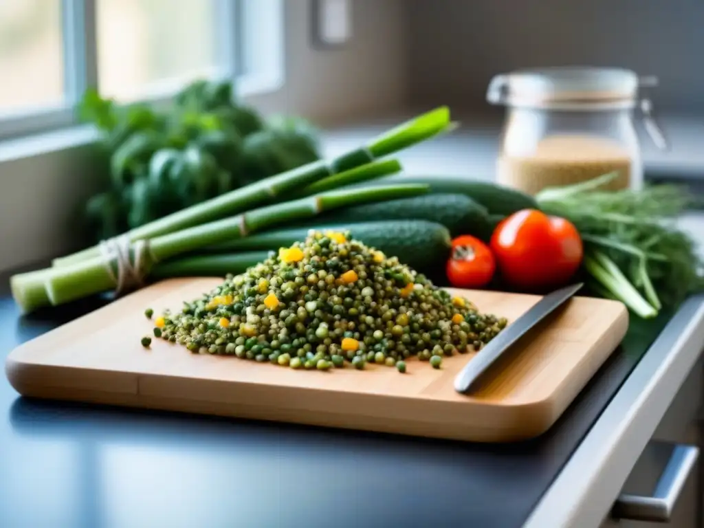 Encimera de cocina minimalista con vegetales frescos cortados, utensilios de acero inoxidable y quinoa en frasco de vidrio