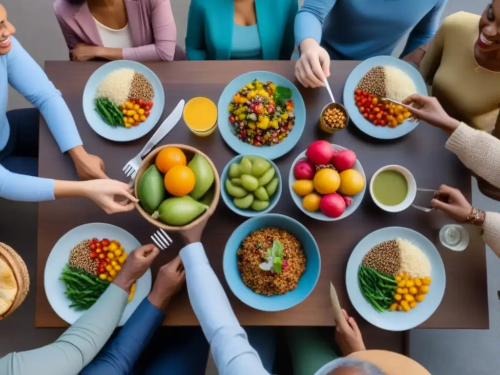 Un encuentro armonioso alrededor de una mesa con comida vegetal variada, promoviendo la dieta sostenible y la prevención de enfermedades