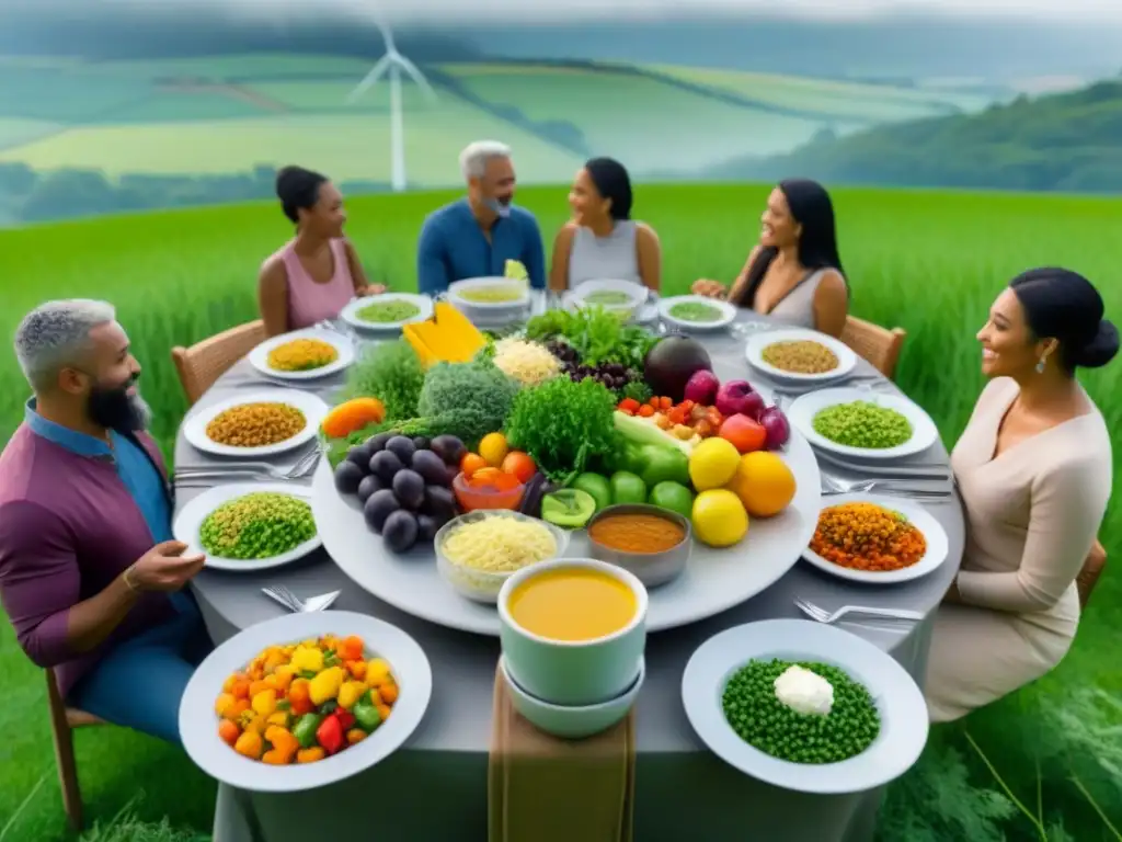 Un encuentro armonioso de personas diversas disfrutando de una comida vegana en un ambiente sostenible y acogedor