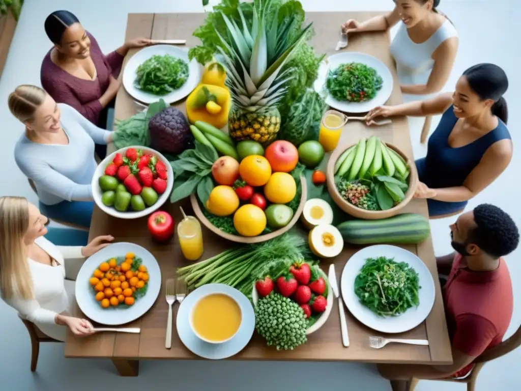 Un encuentro armonioso y sostenible en un jardín, personas disfrutan de alimentos frescos y coloridos