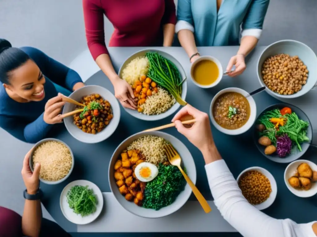 Un encuentro emocionante en la cocina: diversidad de personas disfrutando de una comida vegetariana