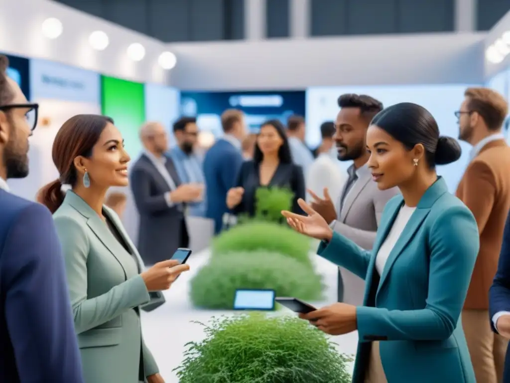 Un encuentro inspirador en ferias de innovación sostenible: emprendedores intercambian ideas rodeados de tecnología y vegetación futurista