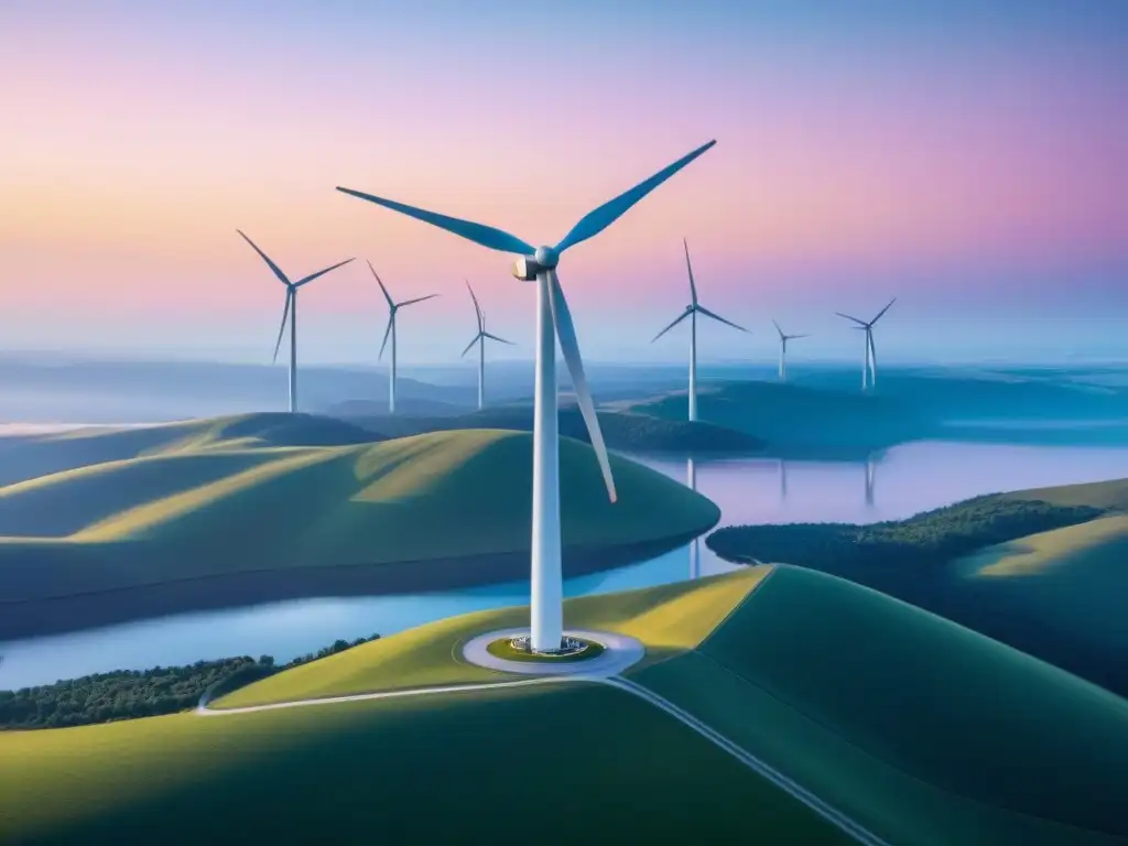 Implementación global de energía eólica: ilustración detallada de una turbina futurista al amanecer, armonía entre tecnología y naturaleza