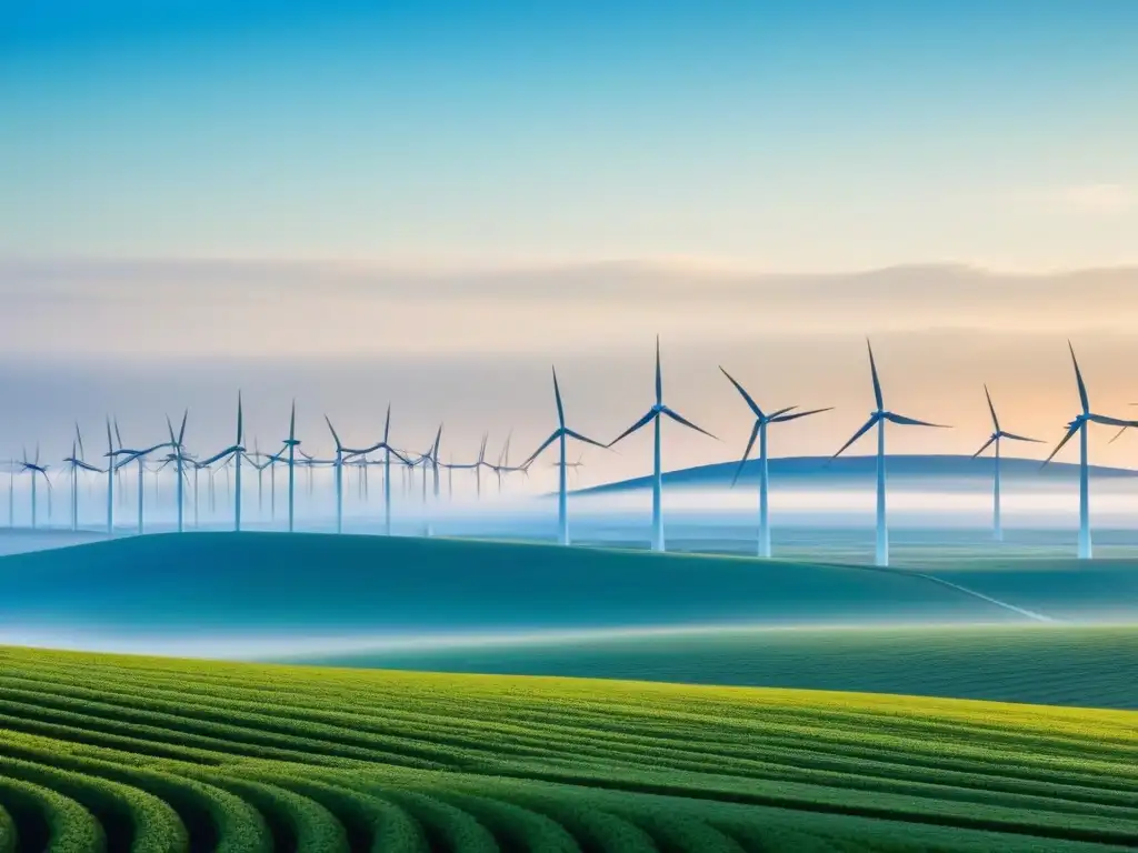 Inversión en energía eólica sostenible: Imagen minimalista de elegantes aerogeneradores en un vasto paisaje bajo un cielo azul sereno