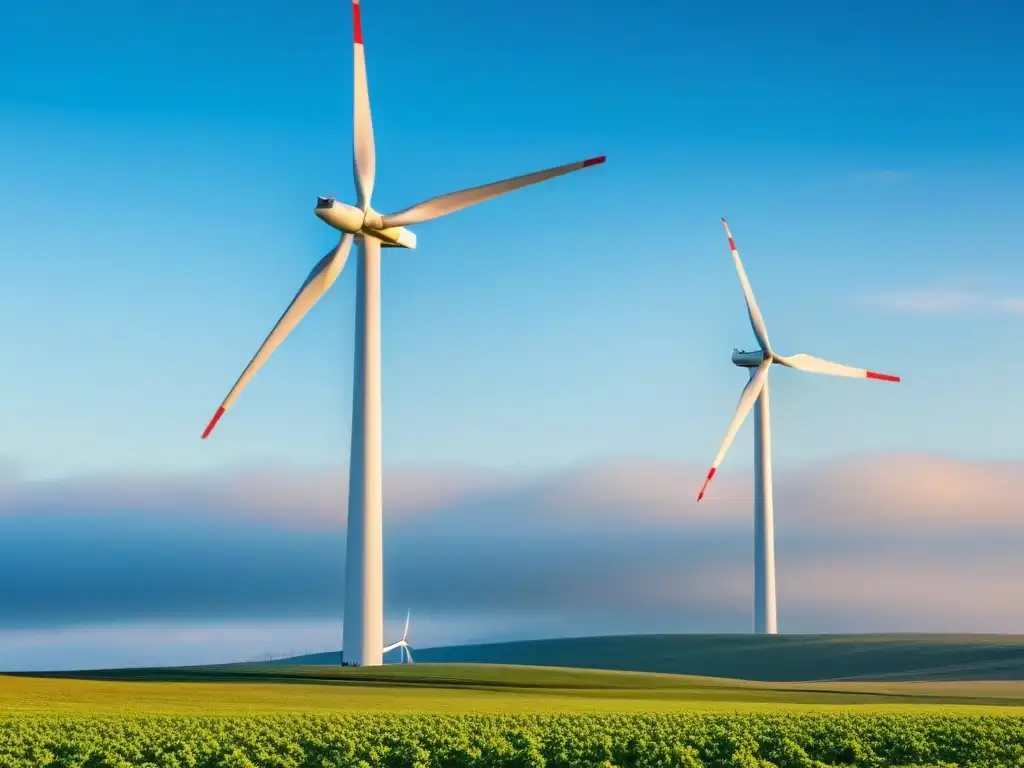 Inversión en energía eólica sostenible: Una moderna turbina eólica contra el cielo azul, girando armoniosamente en el viento