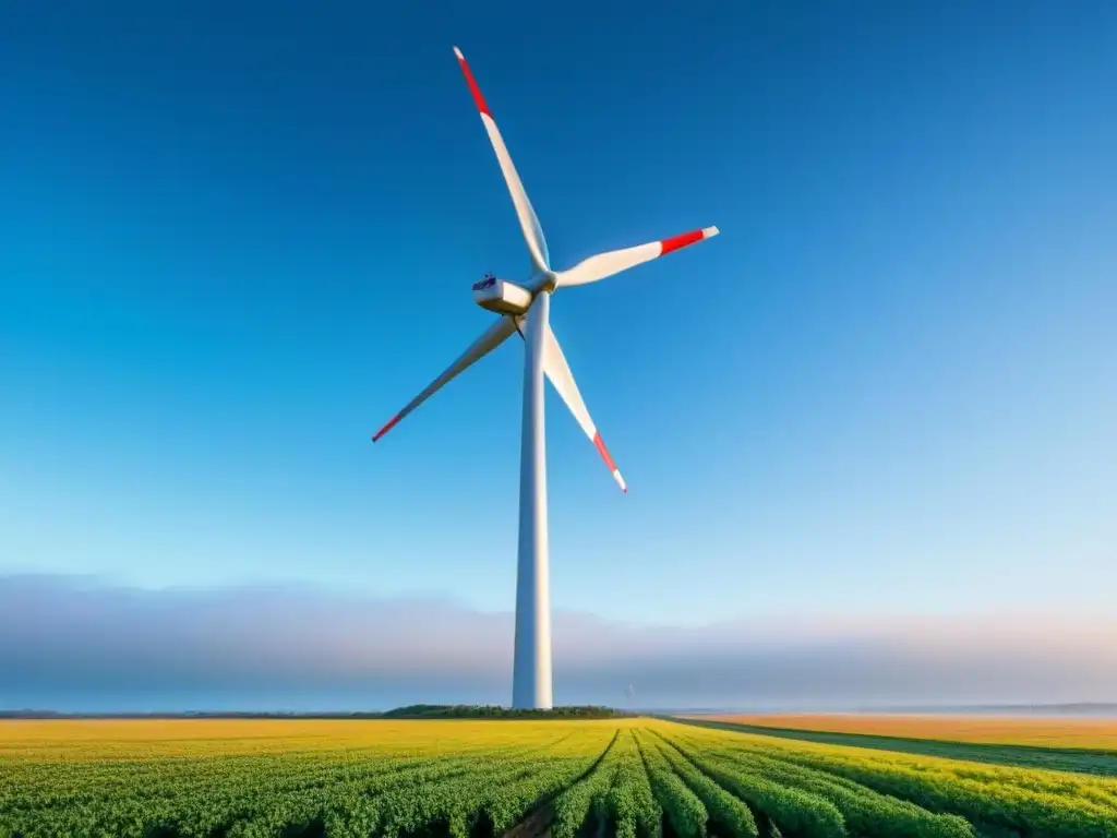 Inversión en energía eólica sostenible: una moderna turbina eólica destaca en un campo abierto bajo un cielo azul