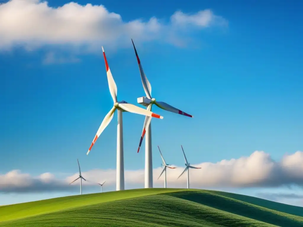 Inversión en energía eólica sostenible: Un moderno aerogenerador en armonía con la naturaleza, girando sus aspas blancas bajo un cielo azul