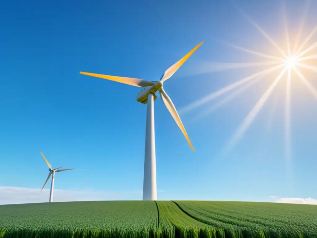 Inversión en energía eólica sostenible: moderno aerogenerador blanco en campo verde, cielo azul brillante y luz dorada