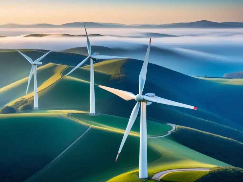 Inversión en energía eólica sostenible: Modernos aerogeneradores en paisaje soleado