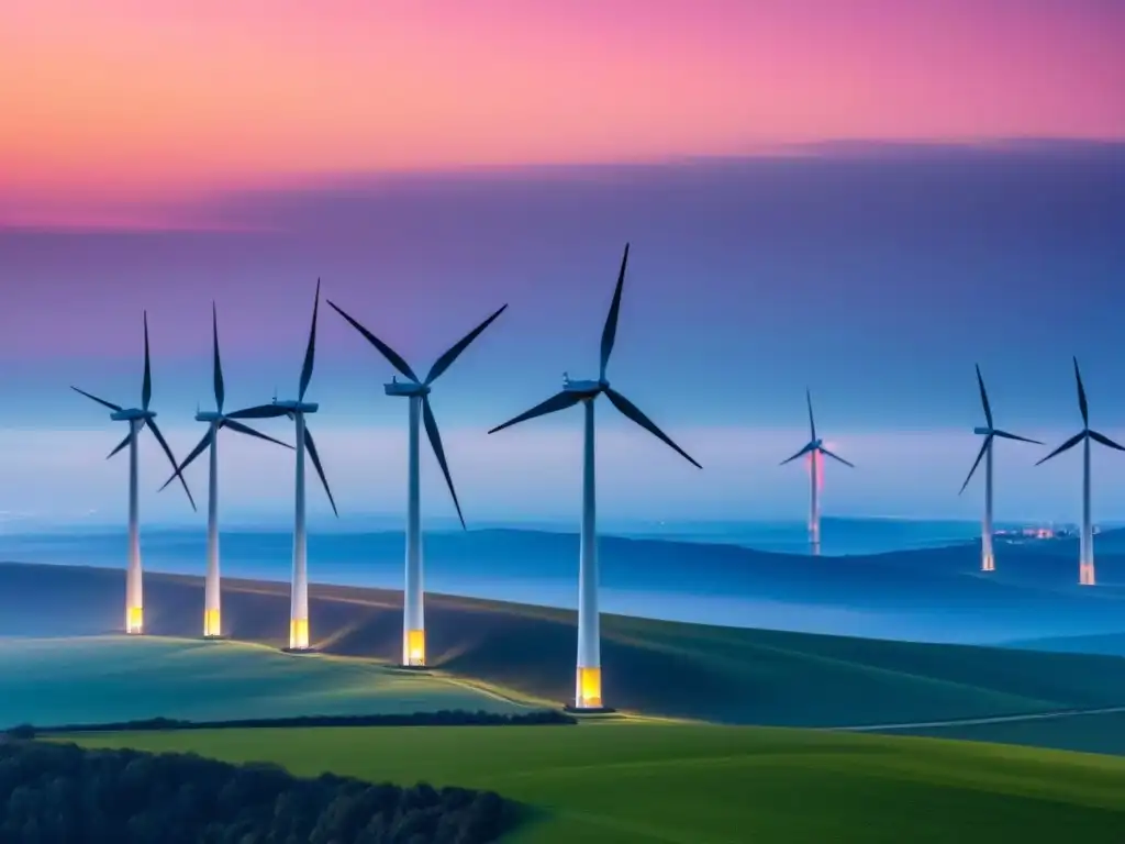 Inversión en energía eólica sostenible: Turbinas eólicas elegantes en un atardecer vibrante