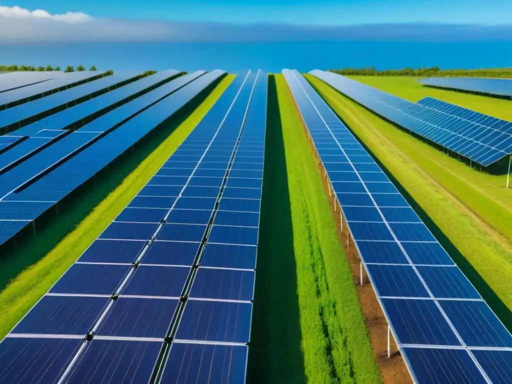 Inversión en energías renovables para principiantes: Campo verde con paneles solares bajo cielo azul claro