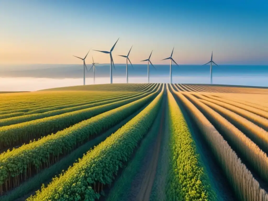 Invertir en energías renovables seguras: Campo soleado con molinos de viento girando, proyectando sombras largas en la hierba dorada