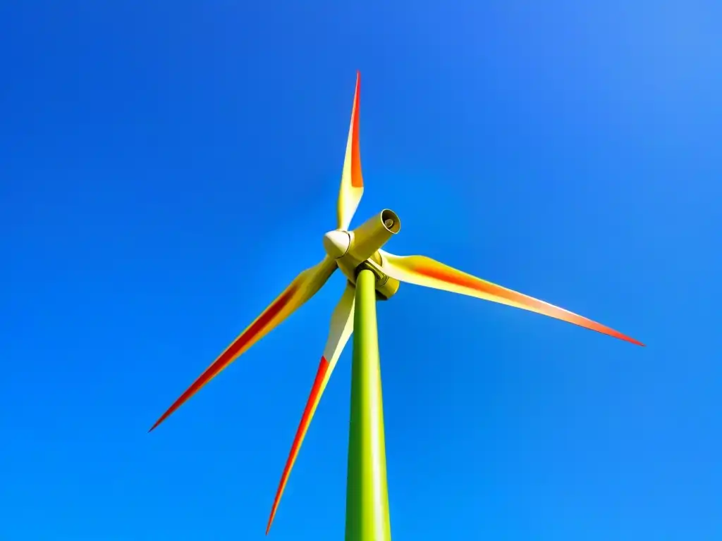 Invertir en energías renovables seguras: Imagen detallada de una moderna turbina eólica destacando su belleza y eficiencia bajo un cielo azul