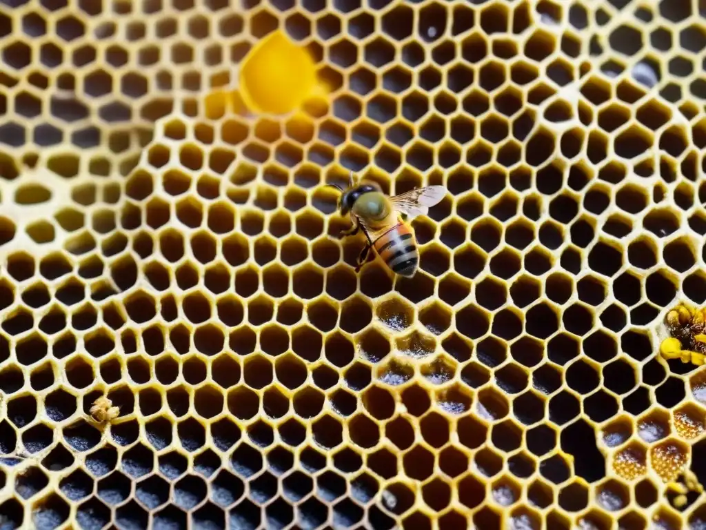 Un enjambre de abejas laboriosas en una colmena llena de miel dorada y polen, alternativas dulces sostenibles zero waste